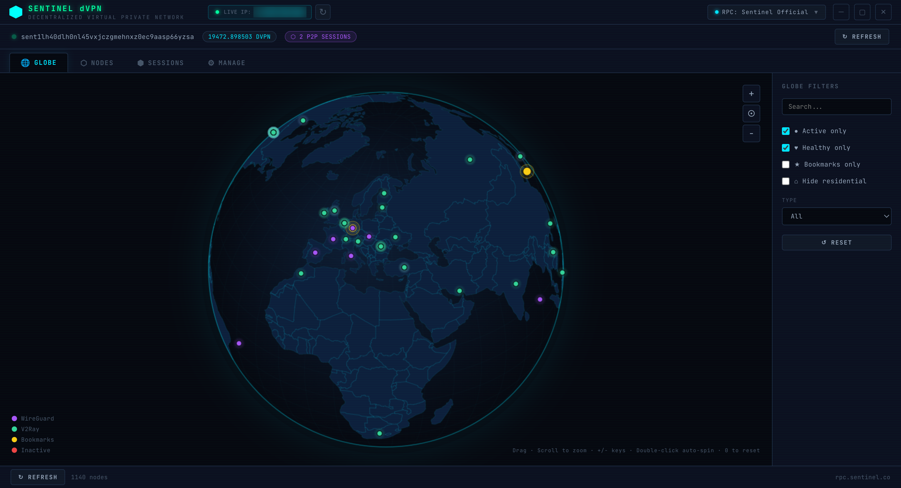 Sentinel dVPN Globe Interface